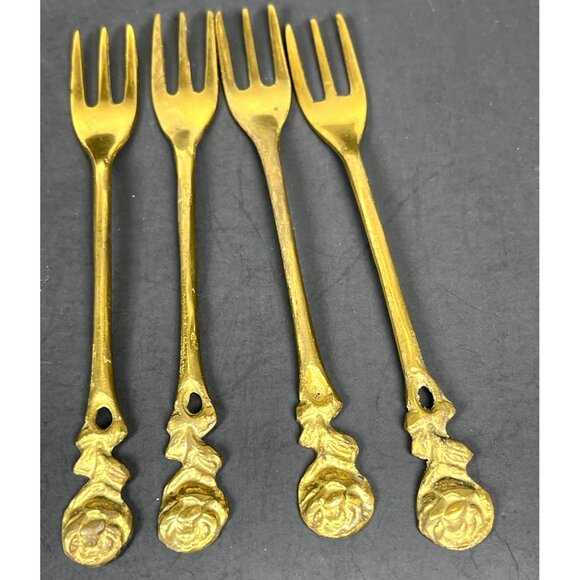 Brass Demitasse Coffee Spoon Dessert Salad Fork Gold Tone Rose Handle Set 4 VTG - Picture 12 of 13